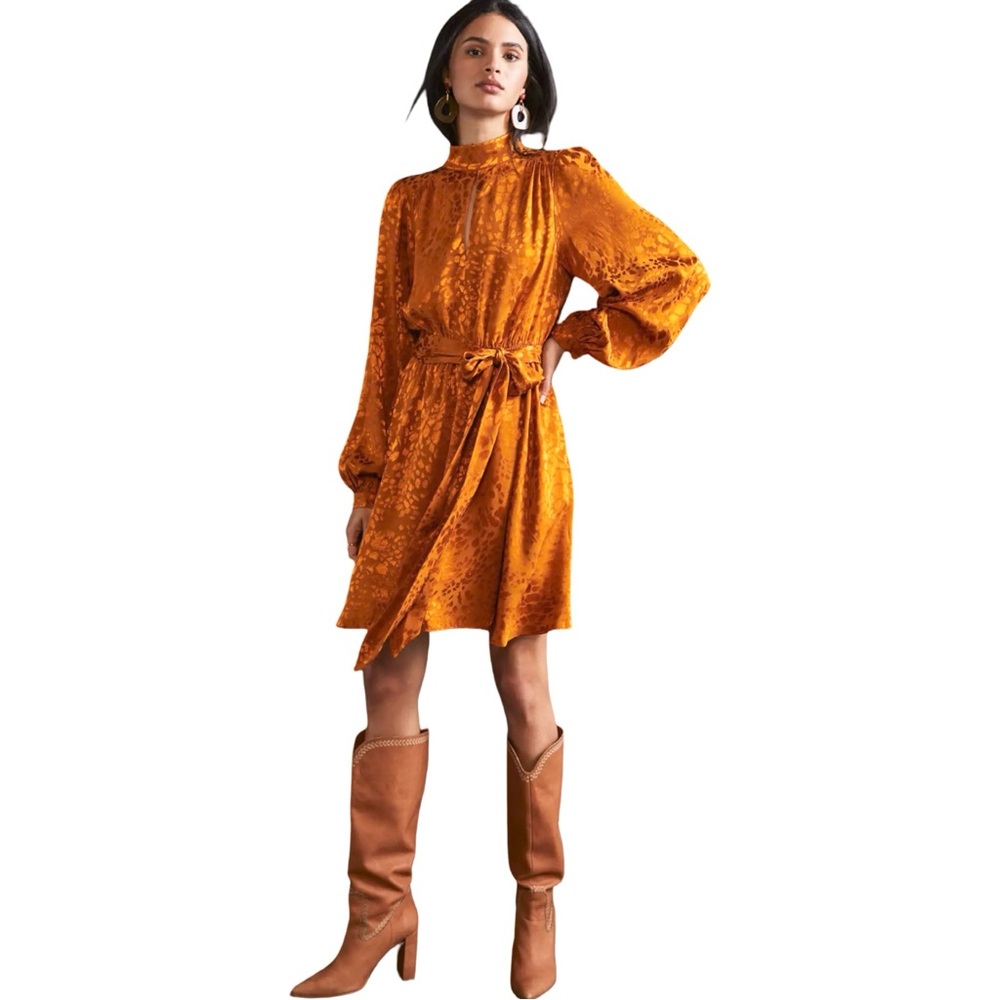 Anthropologie Golden Orange Long-Sleeve Tie-Waist Dress